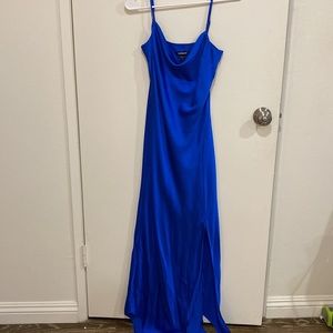 Express blue satin slip dress with side slit